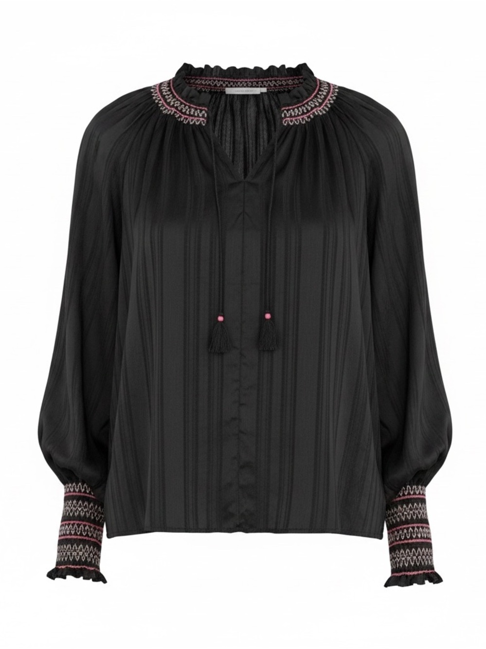 Johnny Was Black 100% Silk Embroidered Peasant Blouse Tassel Tie Boho Top Size S